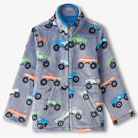 NWT Hatley Monster Trucks Fuzzy Fleece Zip Up Jacket Sweatshirt Gray Boys Sz 8